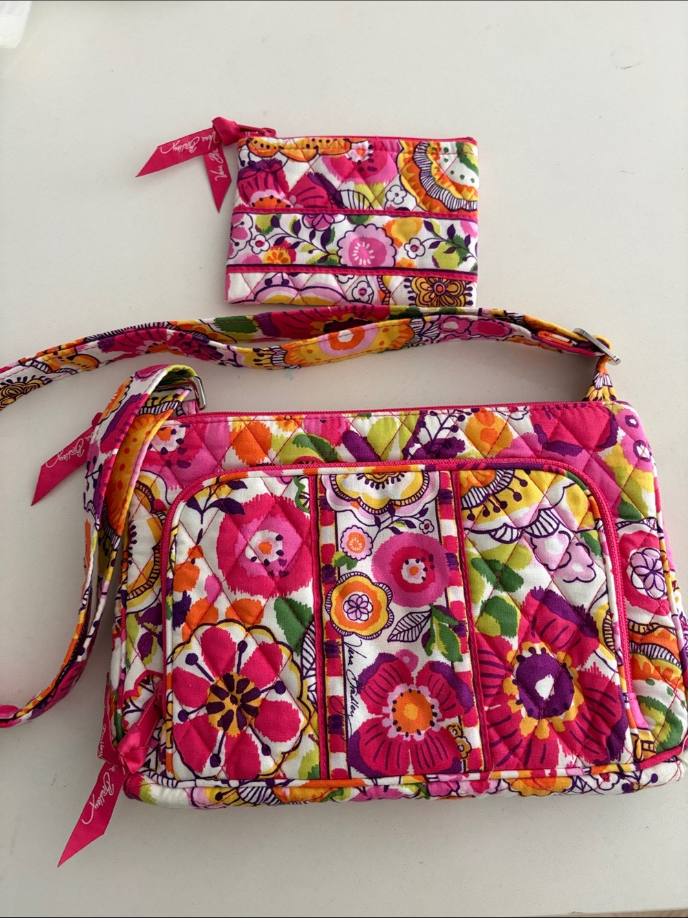 Vera Bradley Pink Floral Quilted Crossbody with Matching Zip Card Case